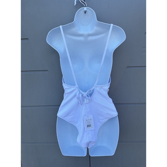 Andie Swim The Paloma White Ribbed One Piece Swimsuit Lace Back Square Neck Sz M - Picture 9 of 16